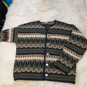 Vintage Litza Shetland Nordic Fair Isle Pure Wool Green Brown Cardigan